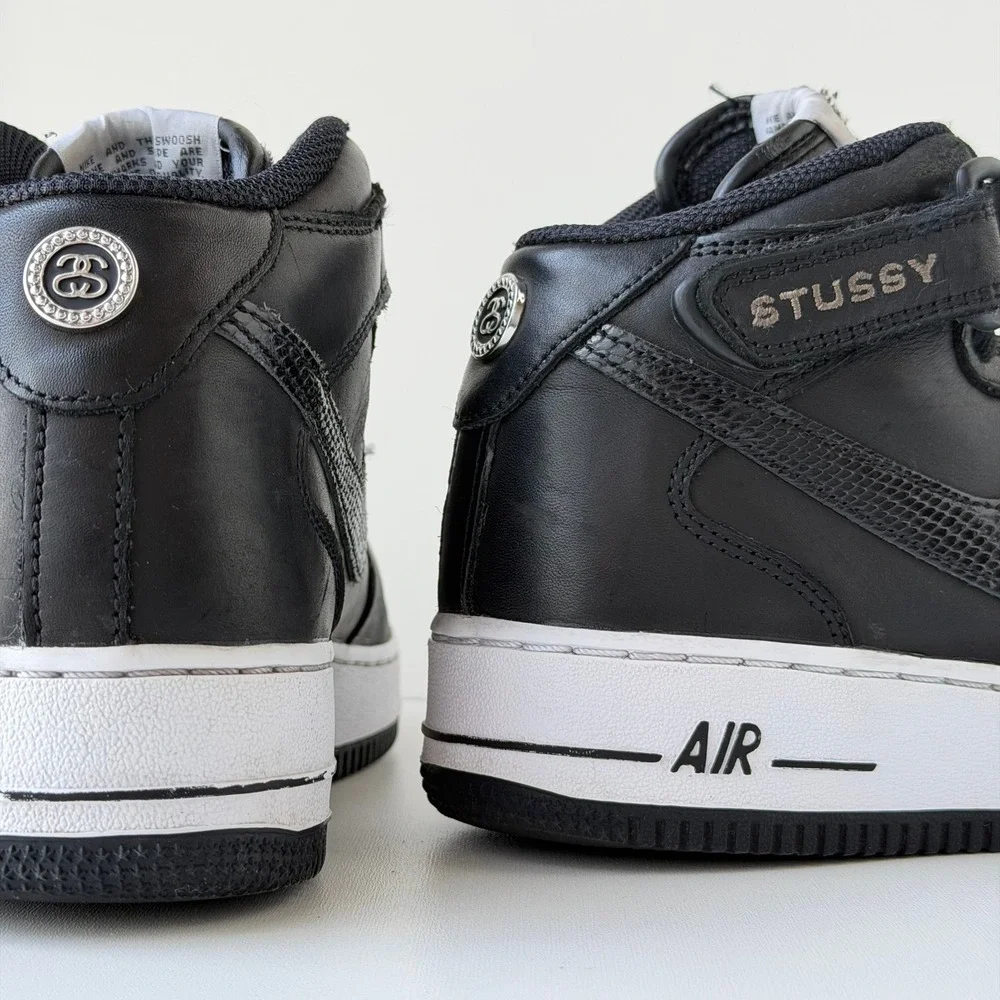Stussy x Nike Air Force 1 Mid Mens 6 Black Snakeskin Retro Leather Sneakers